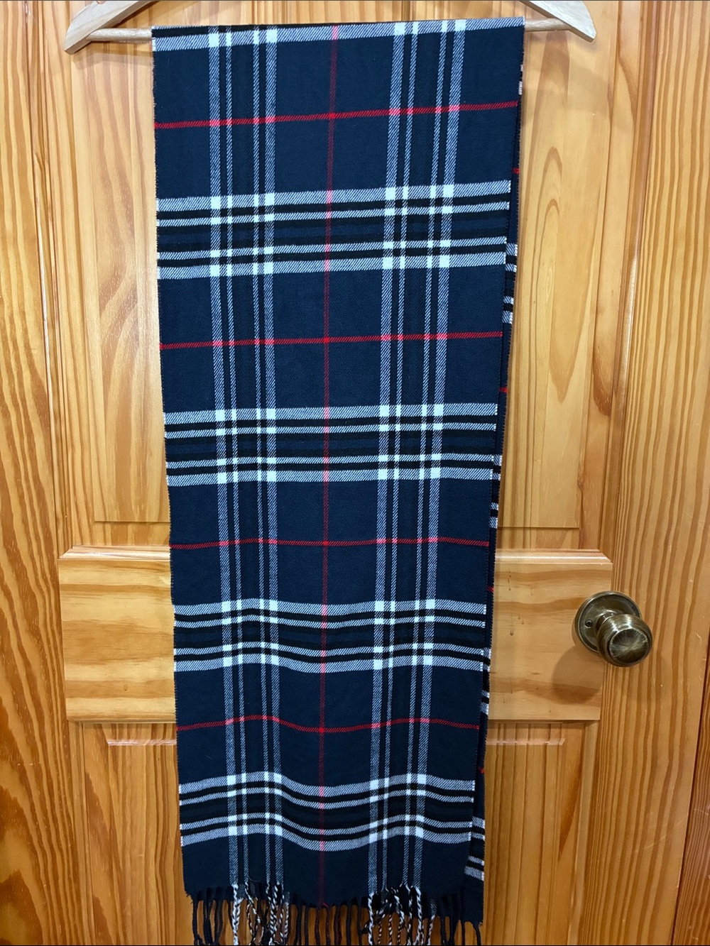 Navy Plaid Fringe Wrap Scarf with Red Accent